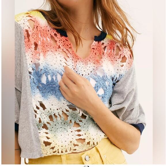 Free People Joshua Tee Crochet Pastel Open Weave Knit Tshirt Small - Picture 1 of 6